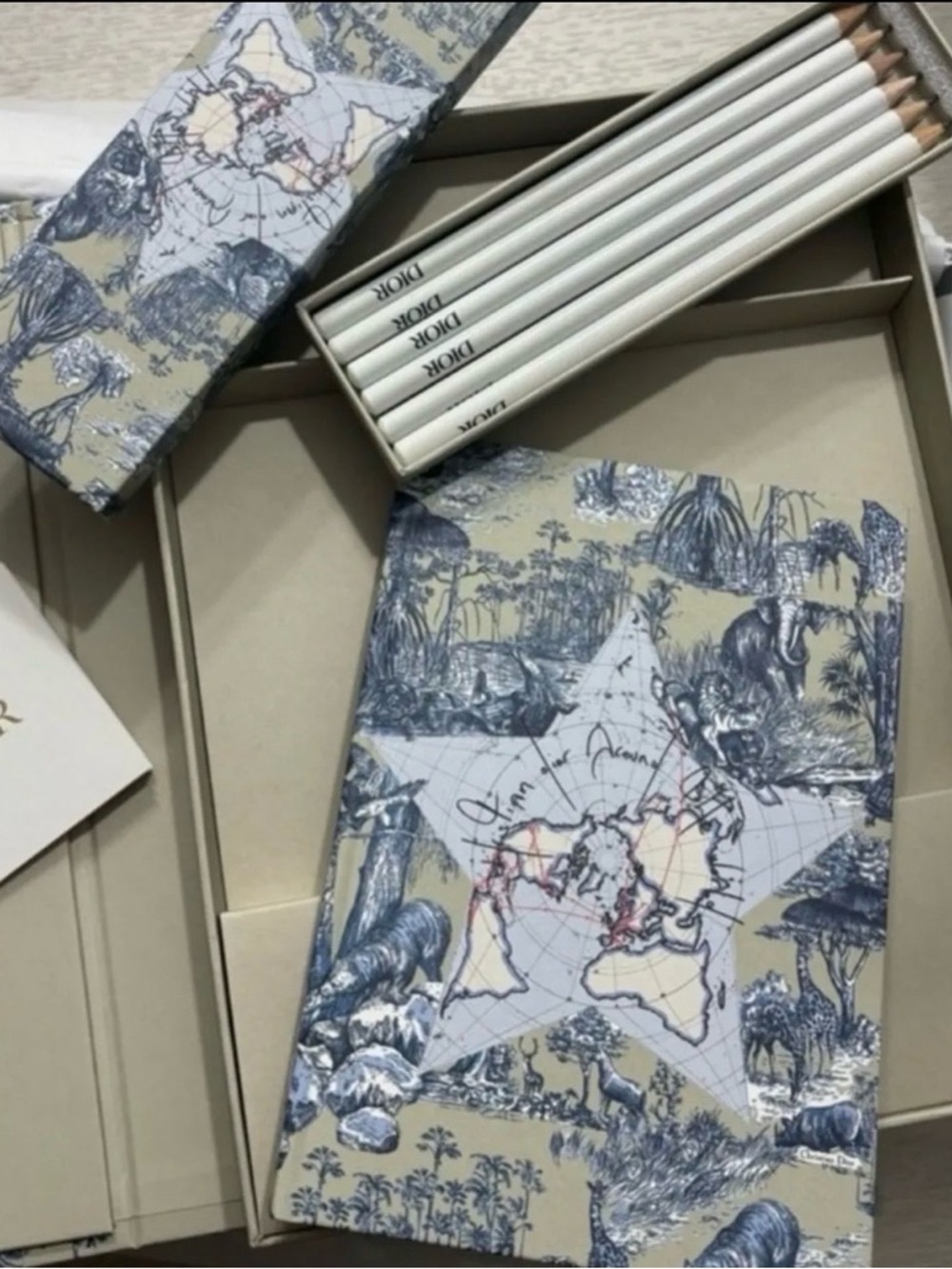 Limited edition Dior Illustrated Notebook & Pencil Set - Beige and Blue